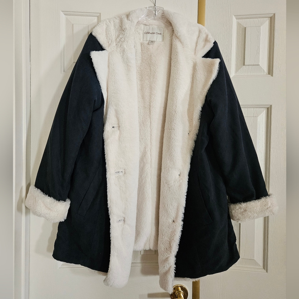 Coldwater Creek Blue And White Faux Fur Coat